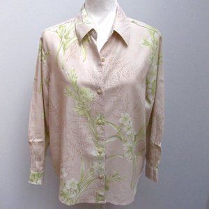 Liz Claiborne Floral Linen Button Front Blouse Beige & Green LizSport Size PS
